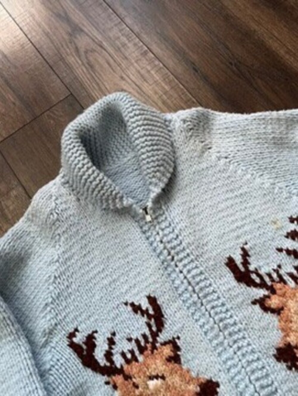 Vintage 1980s Knit Cowichan Style Knit Sweater Full Zip Deer Graphic Blue Large - Picture 3 of 11